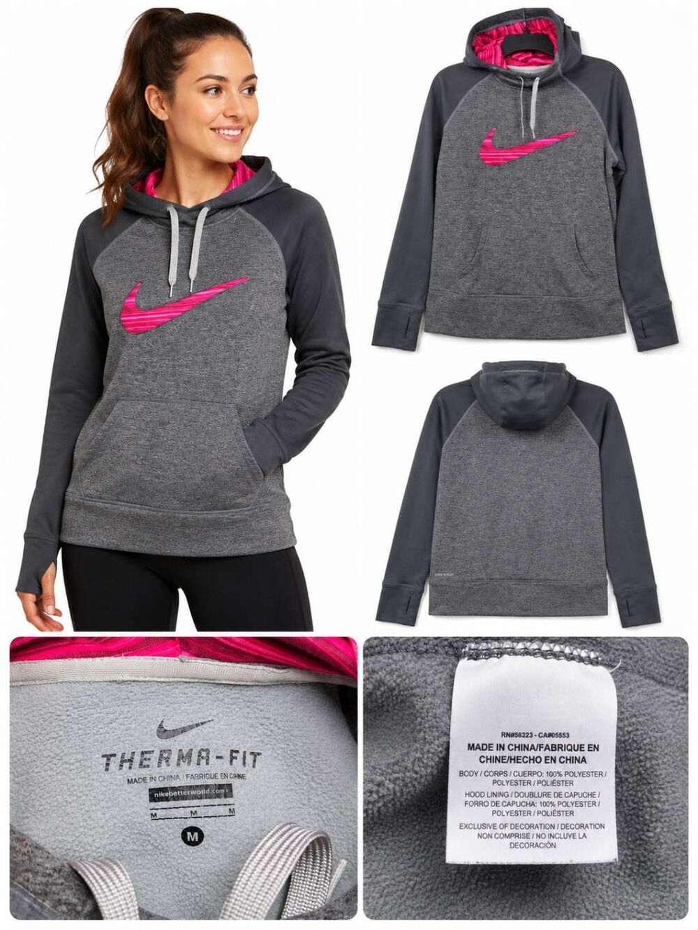 Nike Therma Fit M Gray Hoodie Pink Swoosh